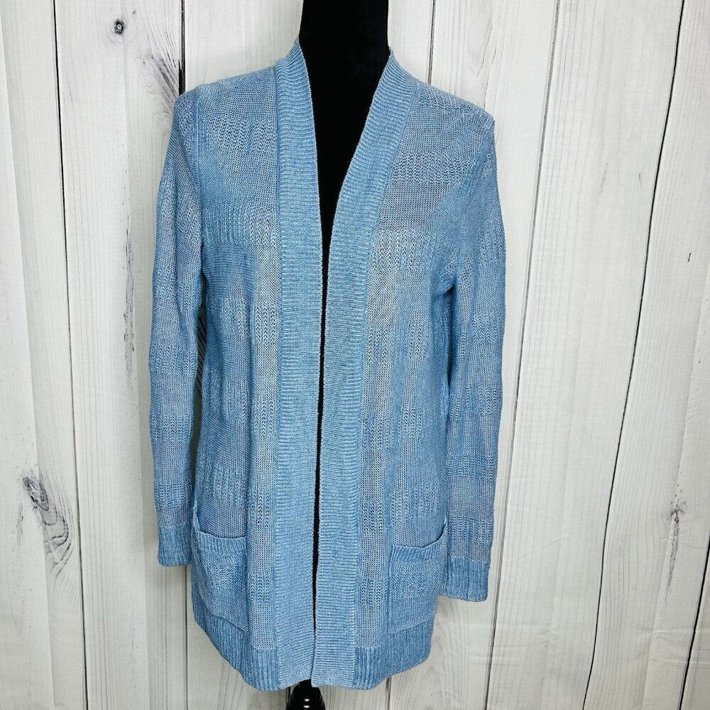 Talbots Womens Sz M Blue 100% Linen Open Front Duster Cardigan Sweater